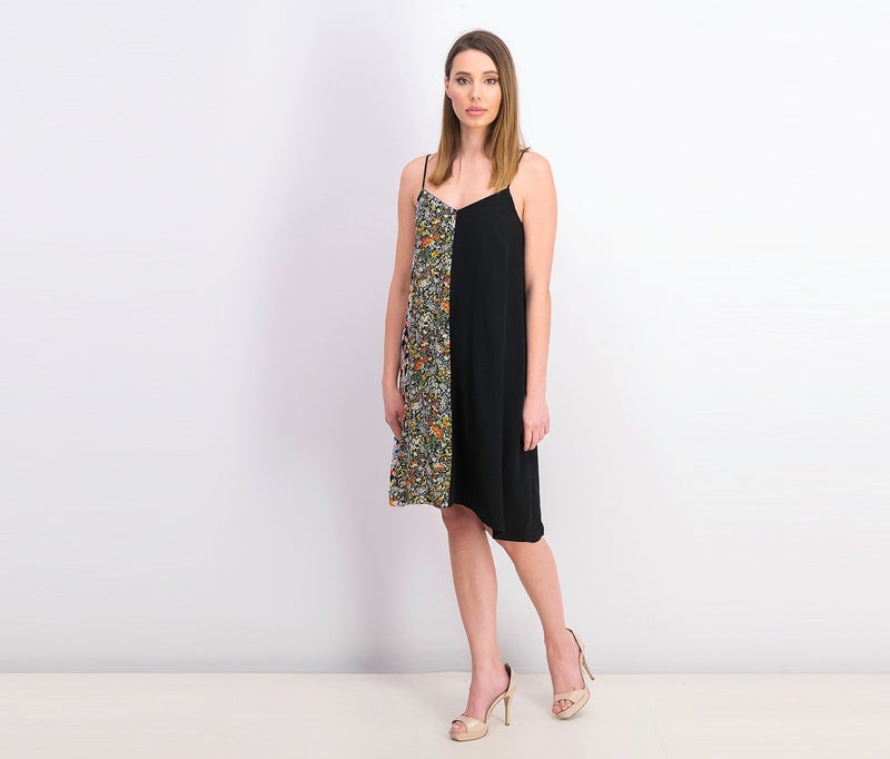 Women Floral Print Dress, Black Combo