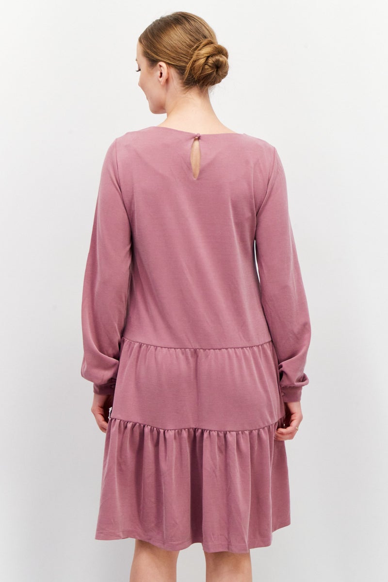 Women Round Neck Long Sleeve Textured Midi Dress, Mauve