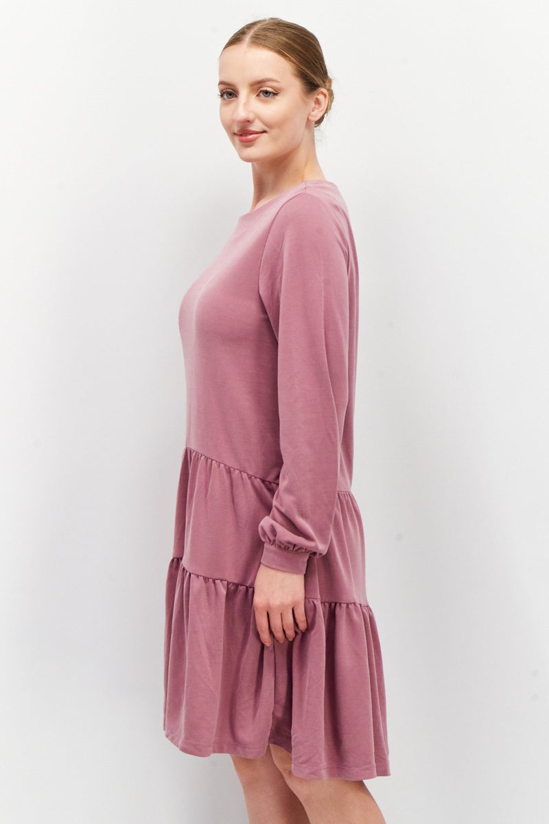 Women Round Neck Long Sleeve Textured Midi Dress, Mauve