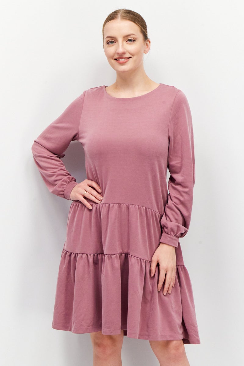 Women Round Neck Long Sleeve Textured Midi Dress, Mauve