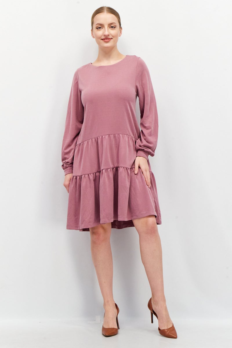 Women Round Neck Long Sleeve Textured Midi Dress, Mauve