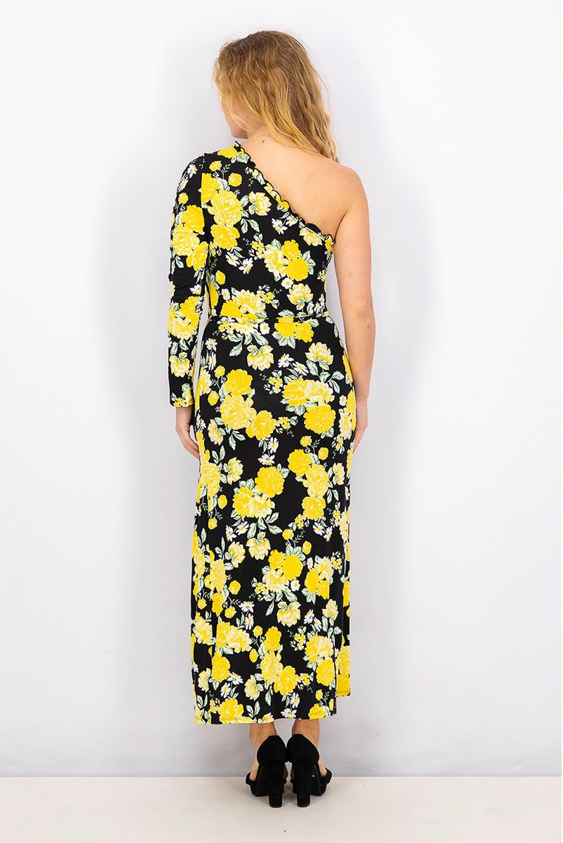 Women Petite Asymmetrical Floral Maxi Dress, Black and Yellow