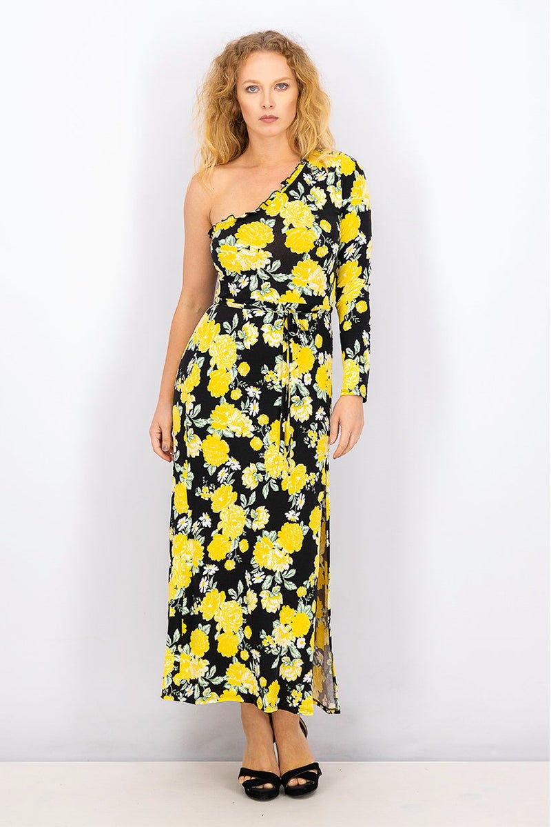 Women Petite Asymmetrical Floral Maxi Dress, Black and Yellow