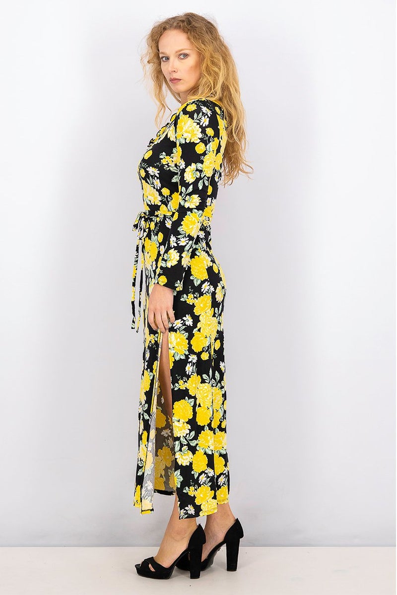 Women Petite Asymmetrical Floral Maxi Dress, Black and Yellow