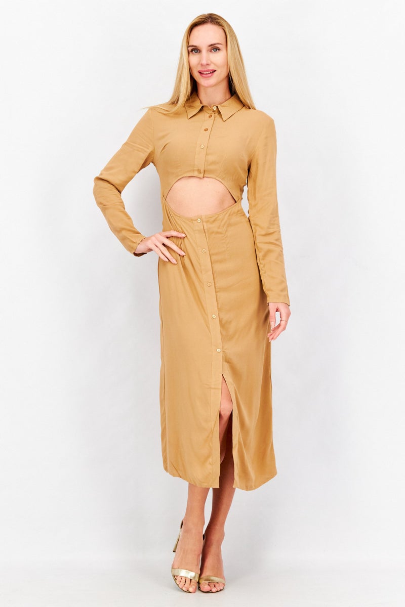 Women Long Sleeve Cut Out Midi Dress, Stone