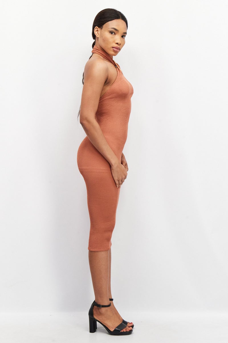 Women Tall Halter Neck Textured Bodycon Dress, Brown