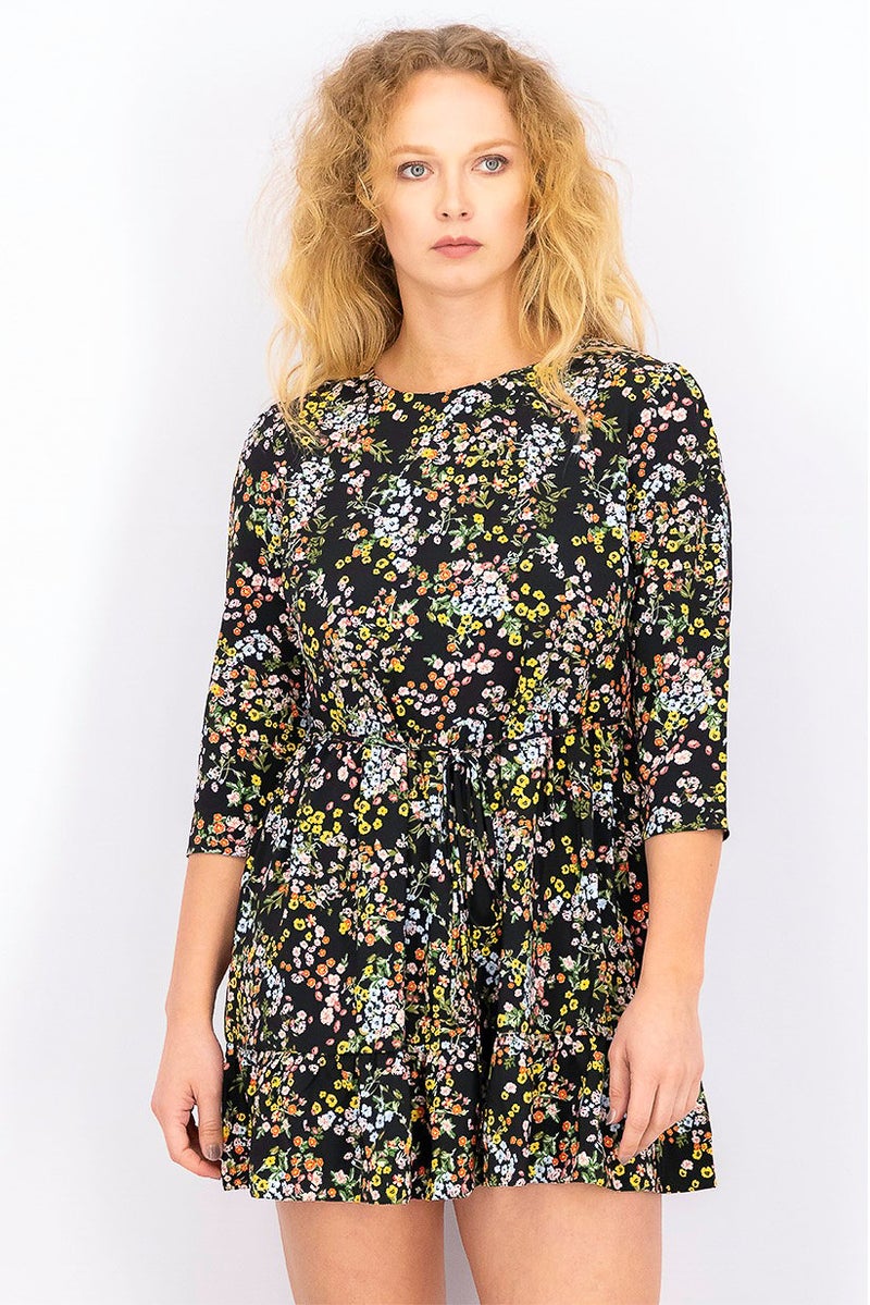 Women Petite Floral Print Shift Dress, Black Combo