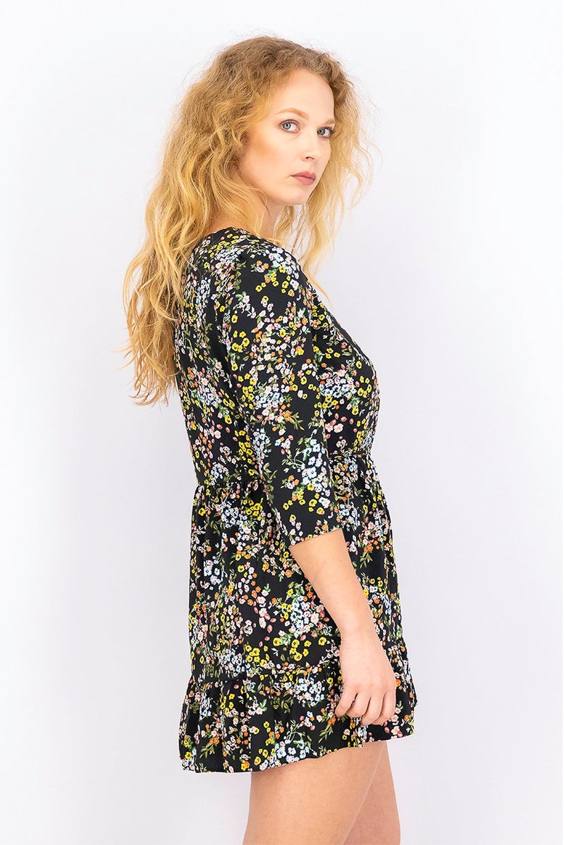 Women Petite Floral Print Shift Dress, Black Combo