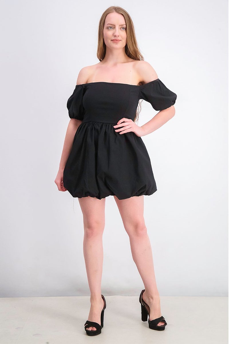 Women Petite Stretchable Bubble Casual Dress, Black