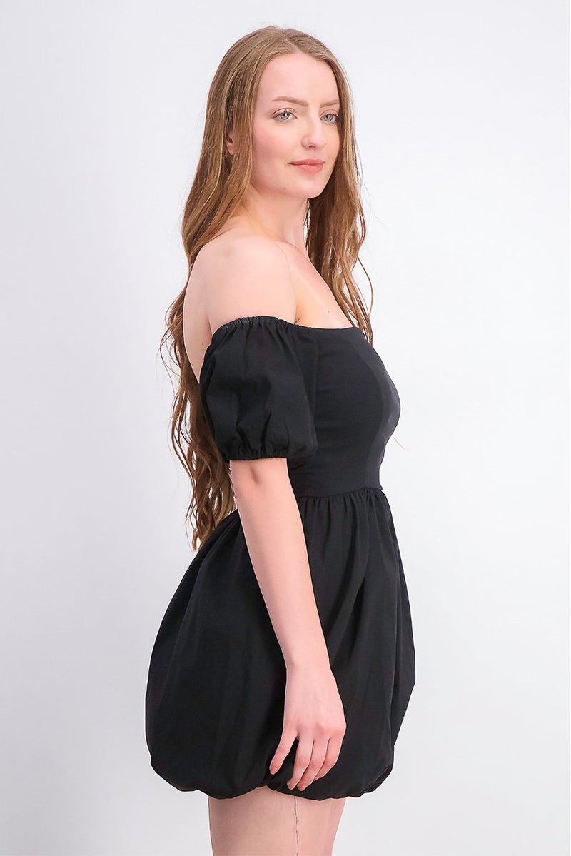 Women Petite Stretchable Bubble Casual Dress, Black