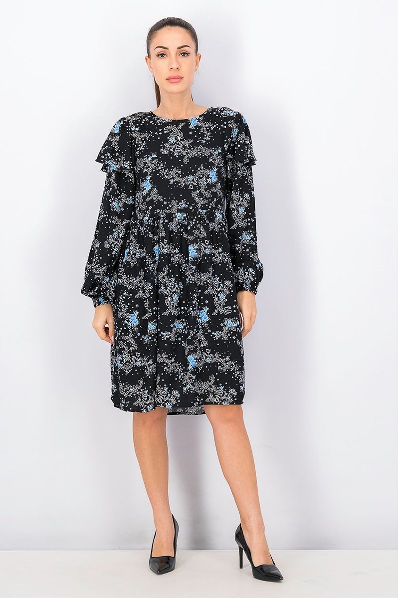 Women Floral Round Neck Longsleeve Dress, Black Combo