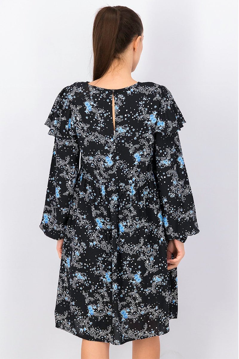 Women Floral Round Neck Longsleeve Dress, Black Combo