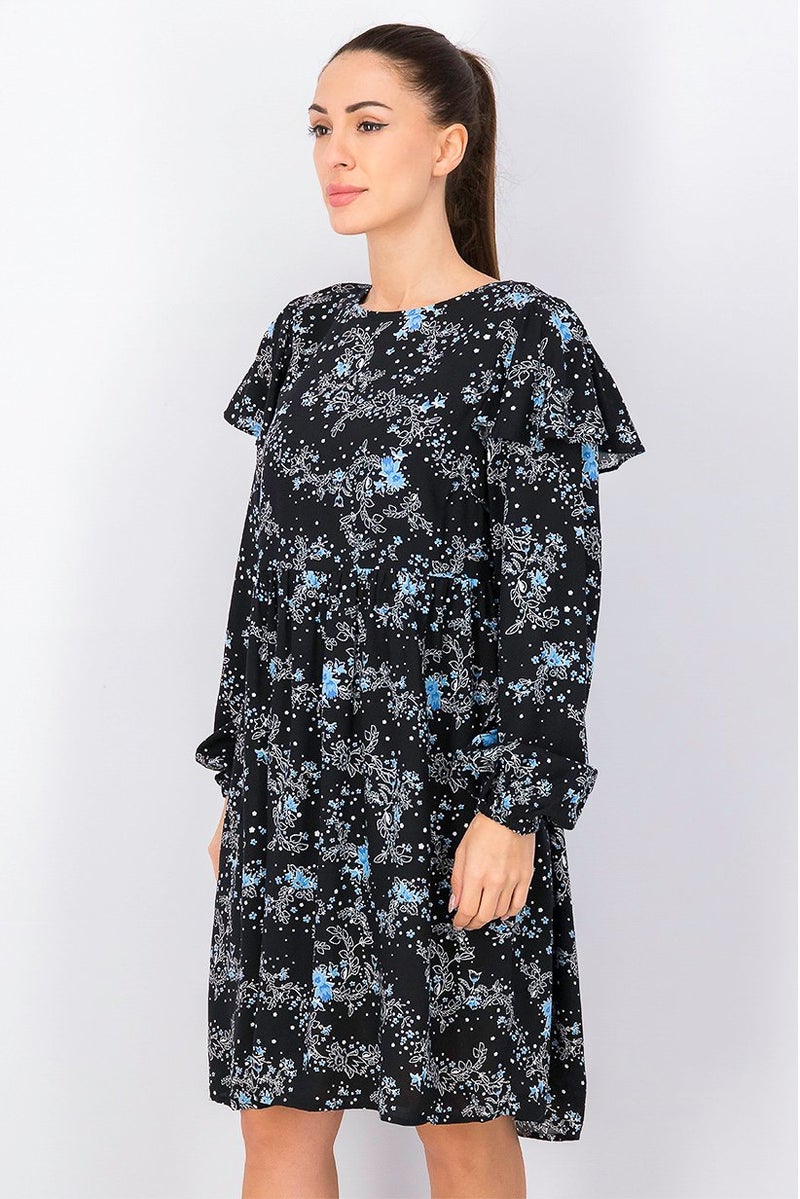 Women Floral Round Neck Longsleeve Dress, Black Combo