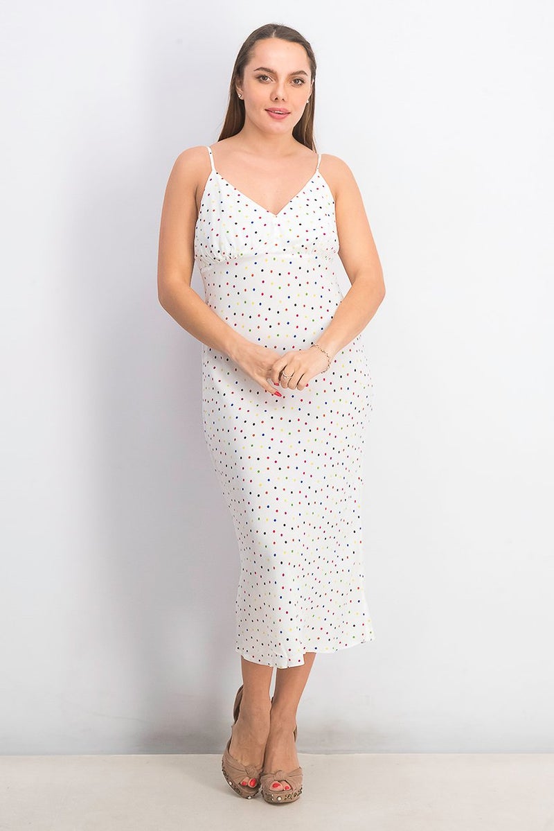 Women Micro Dot Print Midi Dress, White Combo