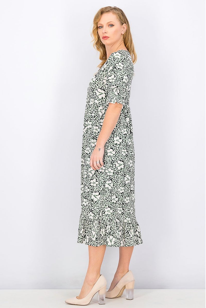 Women Floral Midi Casual Dress, Black Combo