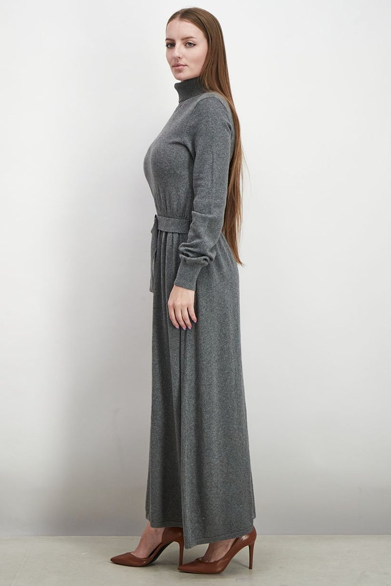 Women Turtle Neck Knitted Belted Maxi Dress, Grey