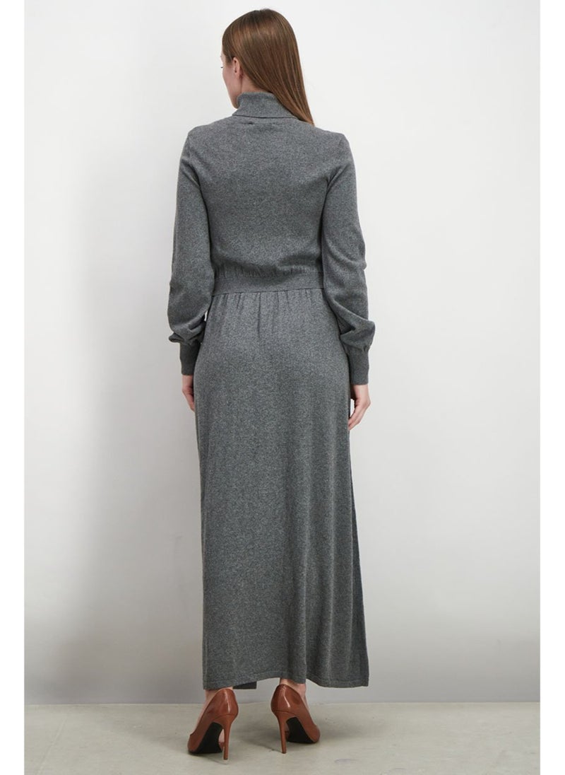 Women Turtle Neck Knitted Belted Maxi Dress, Grey