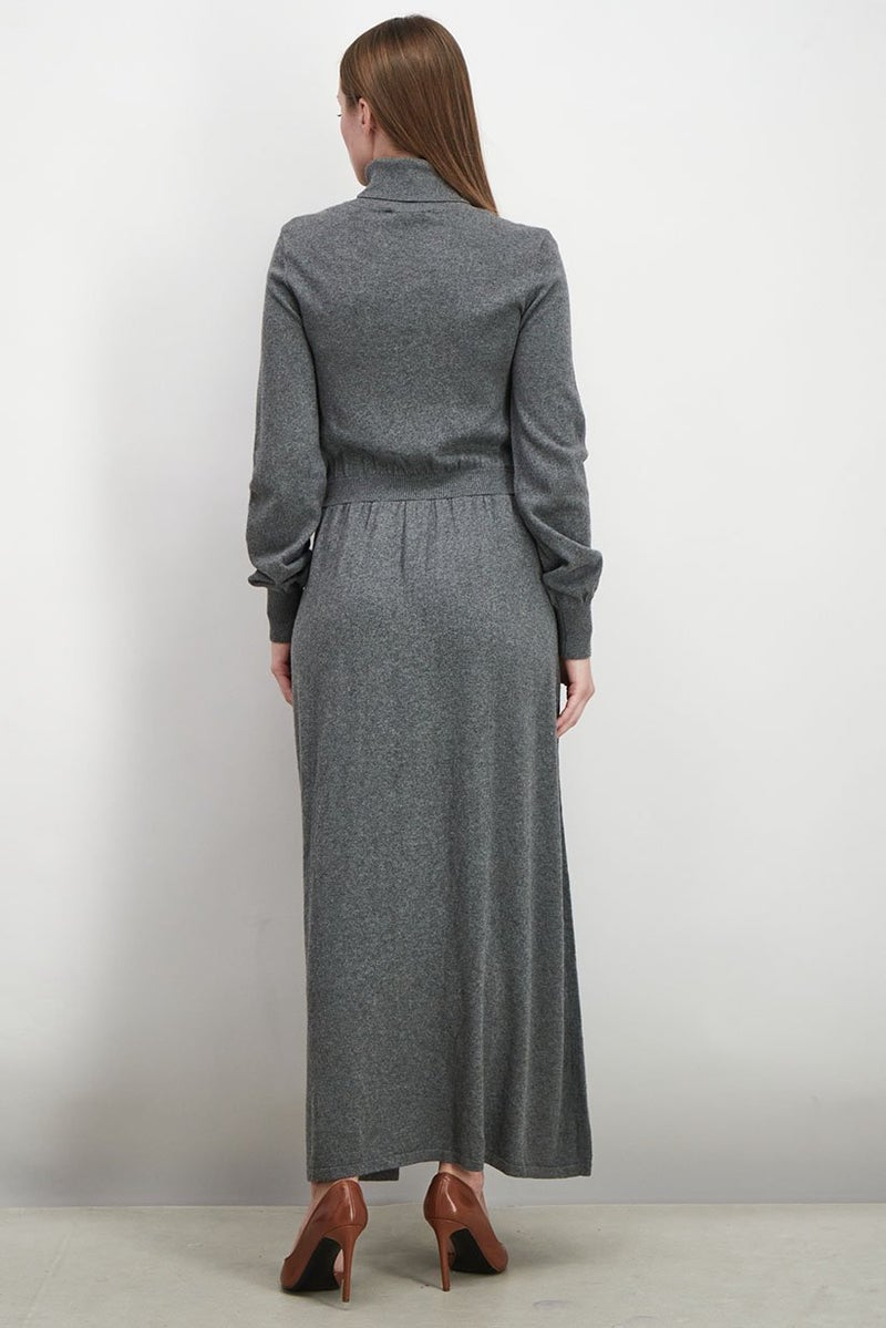 Women Turtle Neck Knitted Belted Maxi Dress, Grey