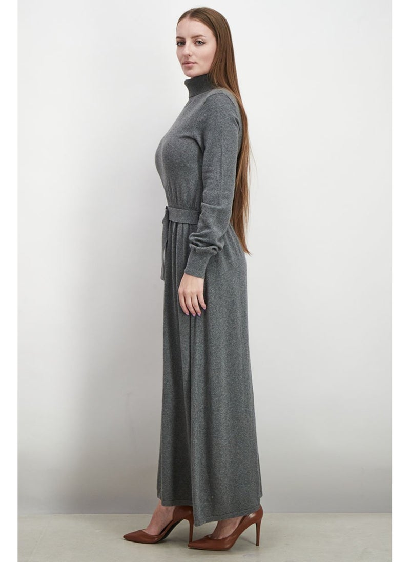 Women Turtle Neck Knitted Belted Maxi Dress, Grey