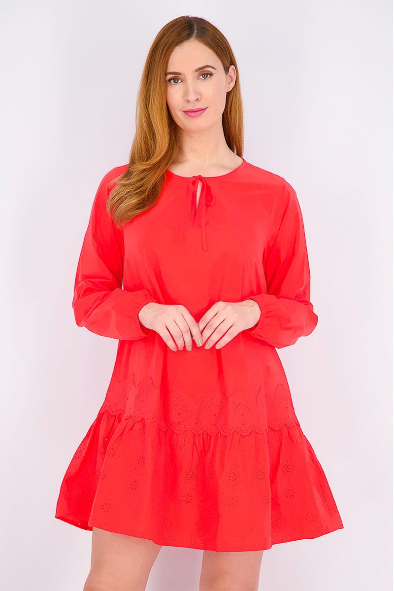 Women Tie Neck Long Sleeve Plain Dress, Red