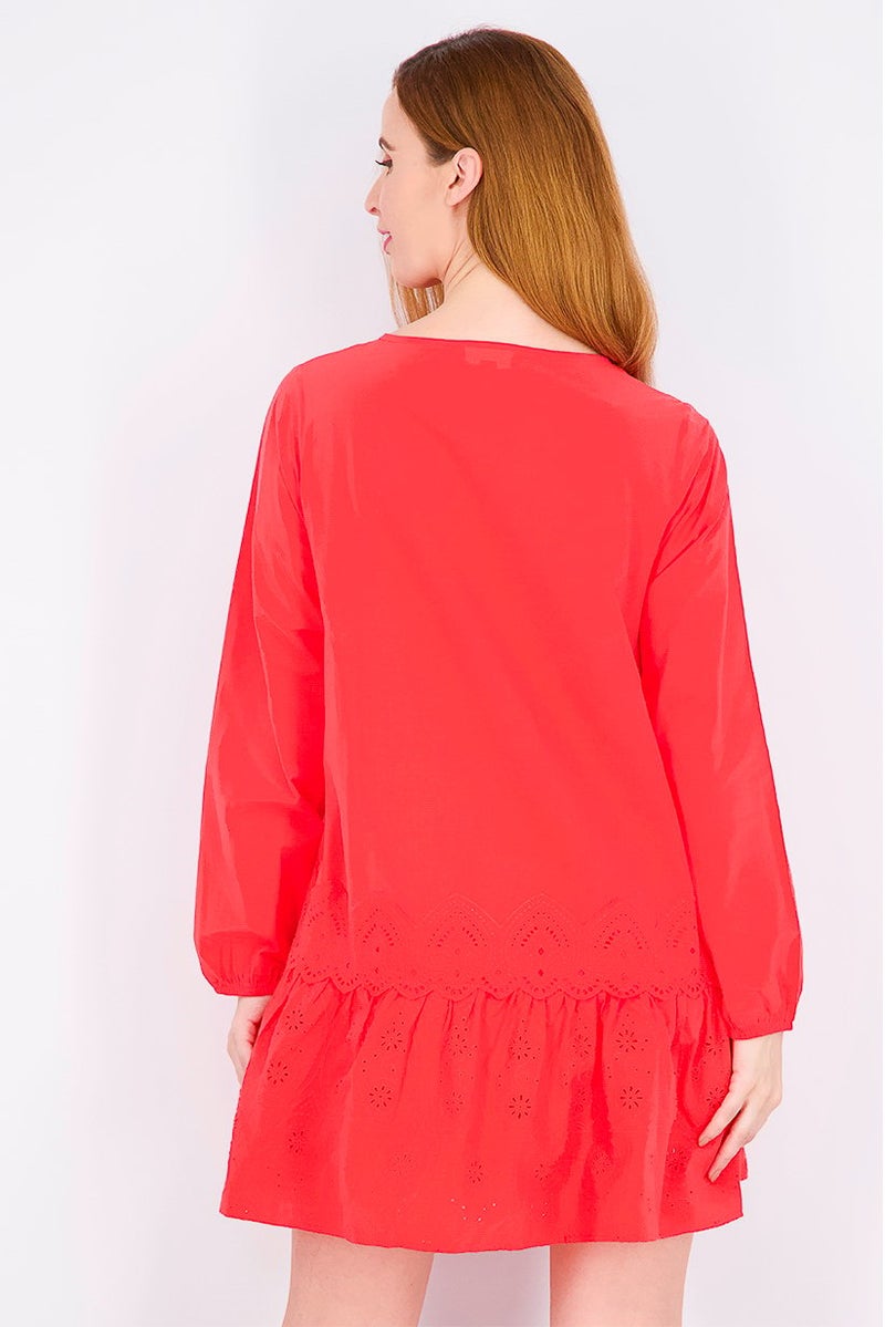 Women Tie Neck Long Sleeve Plain Dress, Red