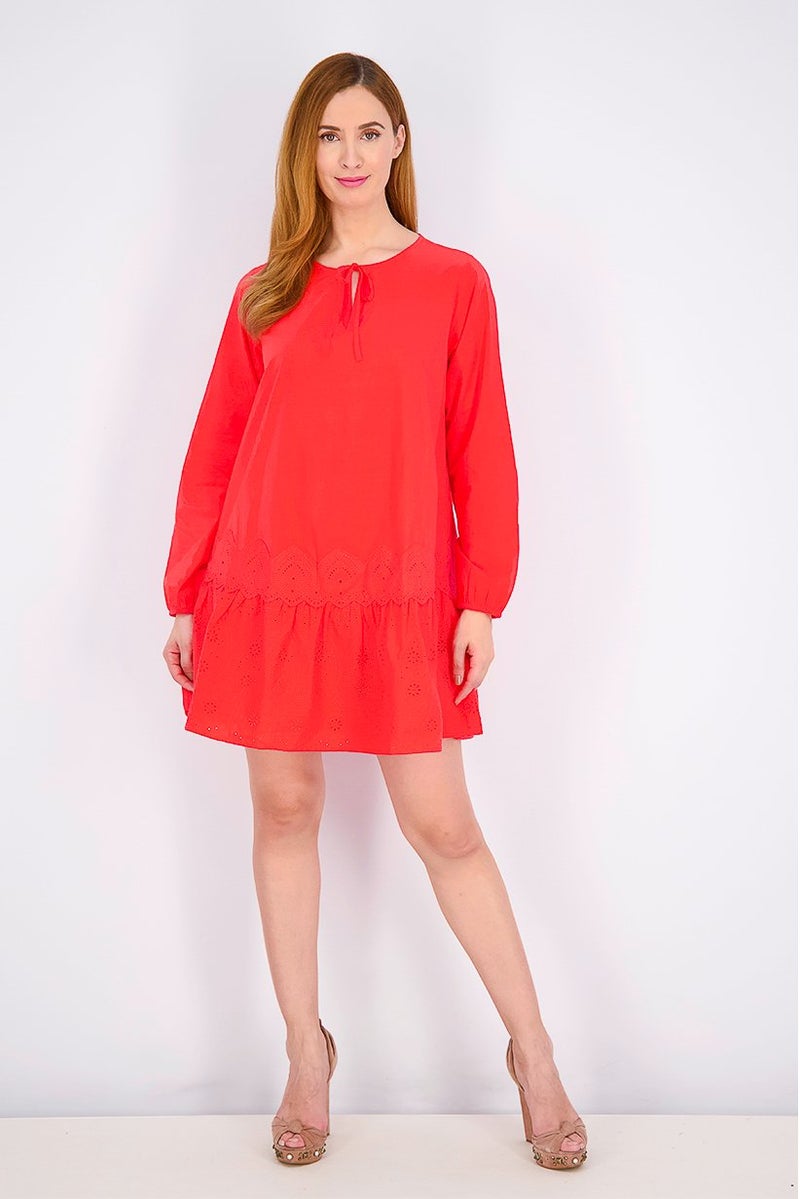 Women Tie Neck Long Sleeve Plain Dress, Red