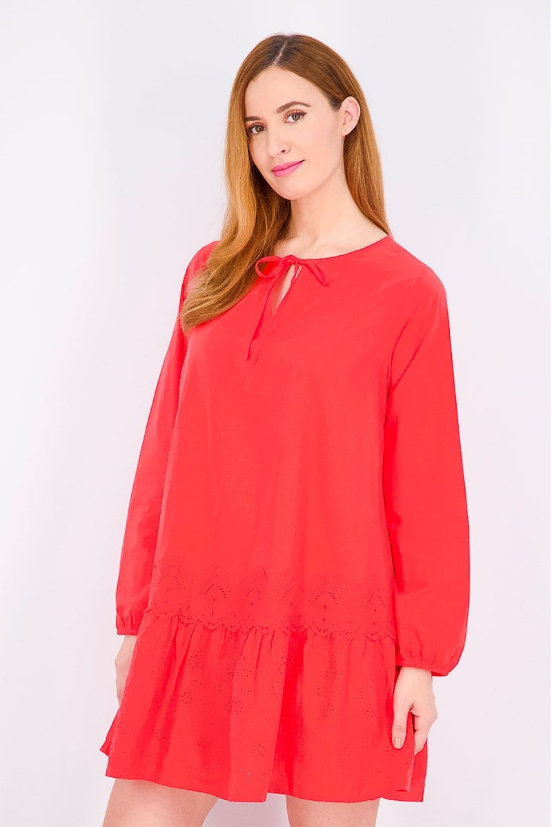 Women Tie Neck Long Sleeve Plain Dress, Red