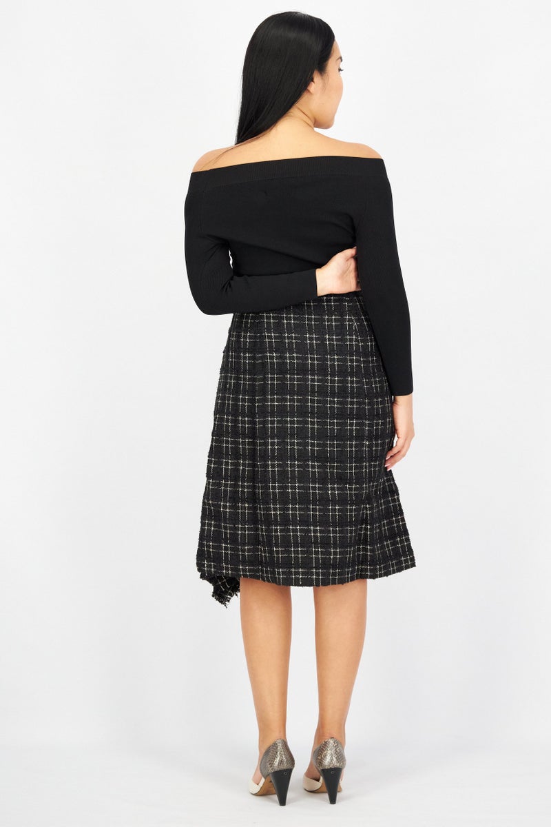 Women Checkered Long Sleeve Midi Casual Dress, Black