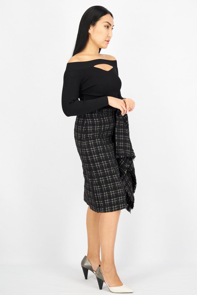 Women Checkered Long Sleeve Midi Casual Dress, Black