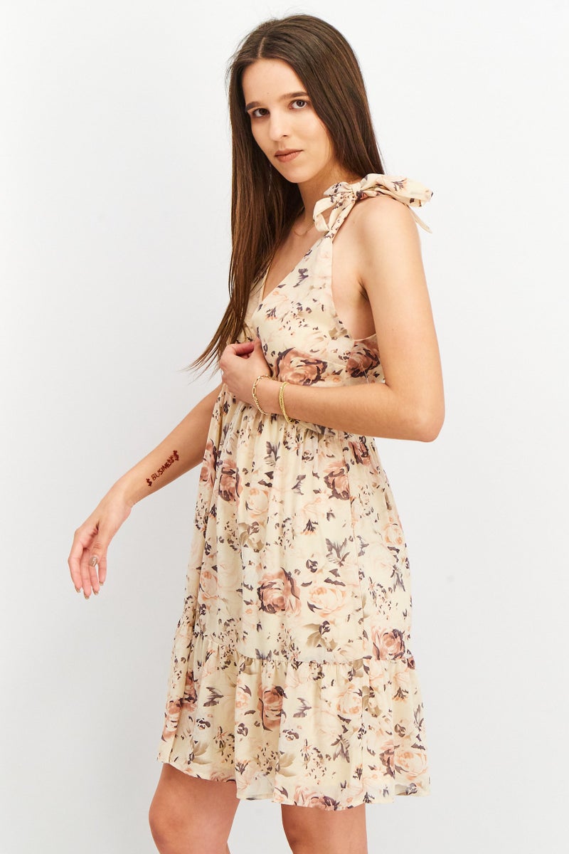 Women Floral Tie Shoulder Chiffon Flounce Dress, Beige Combo