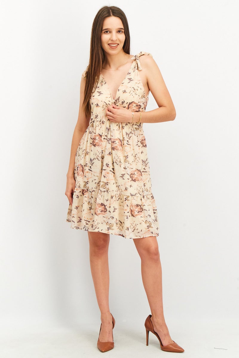 Women Floral Tie Shoulder Chiffon Flounce Dress, Beige Combo