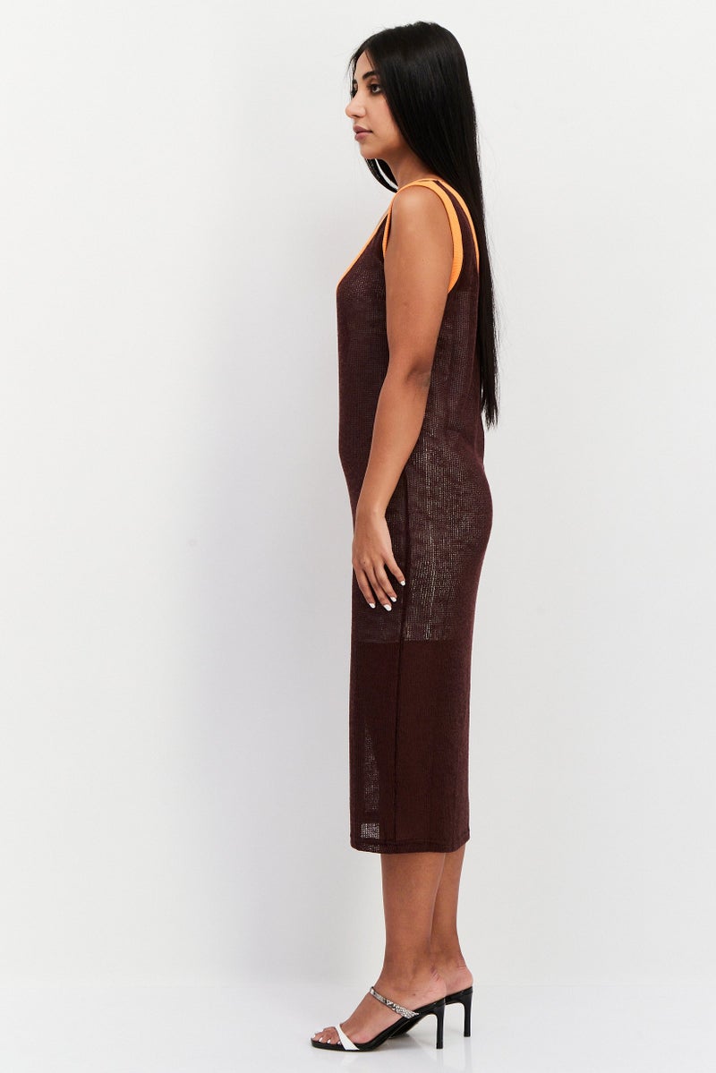 Women Textured Midi Dress, Brown/Orange