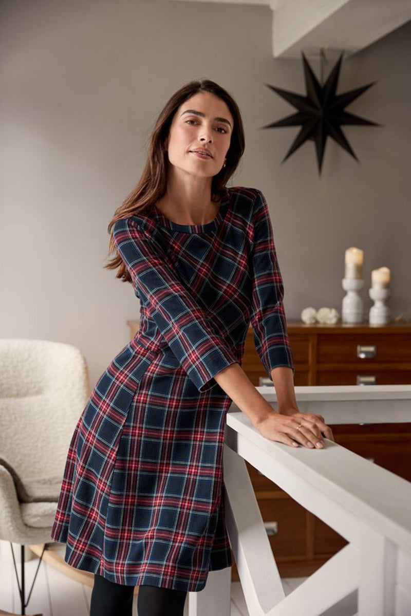 Women Plaid Midi Dress, Navy Combo