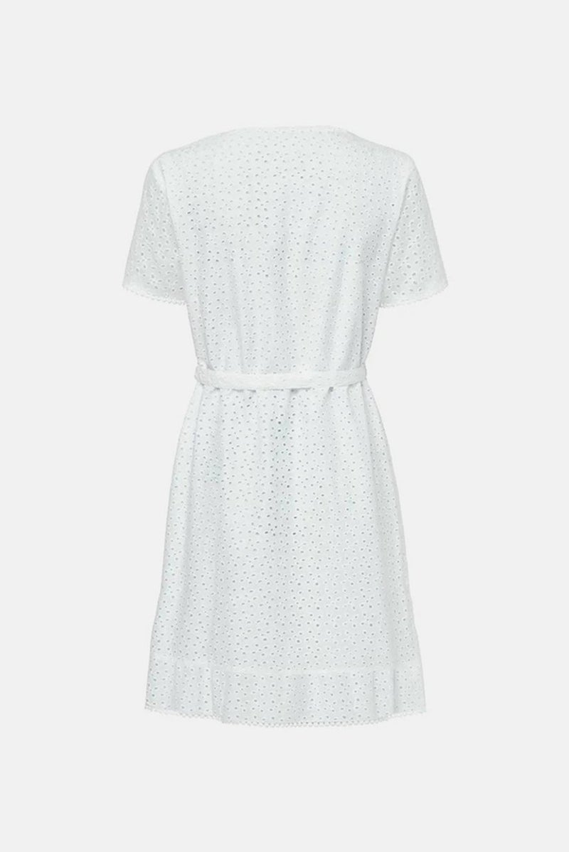 Women Eyelet Belted Midi Dress, White