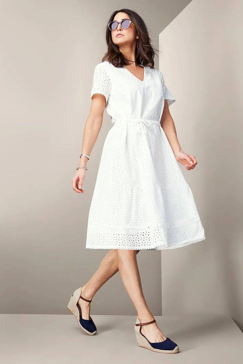 Women Eyelet Belted Midi Dress, White