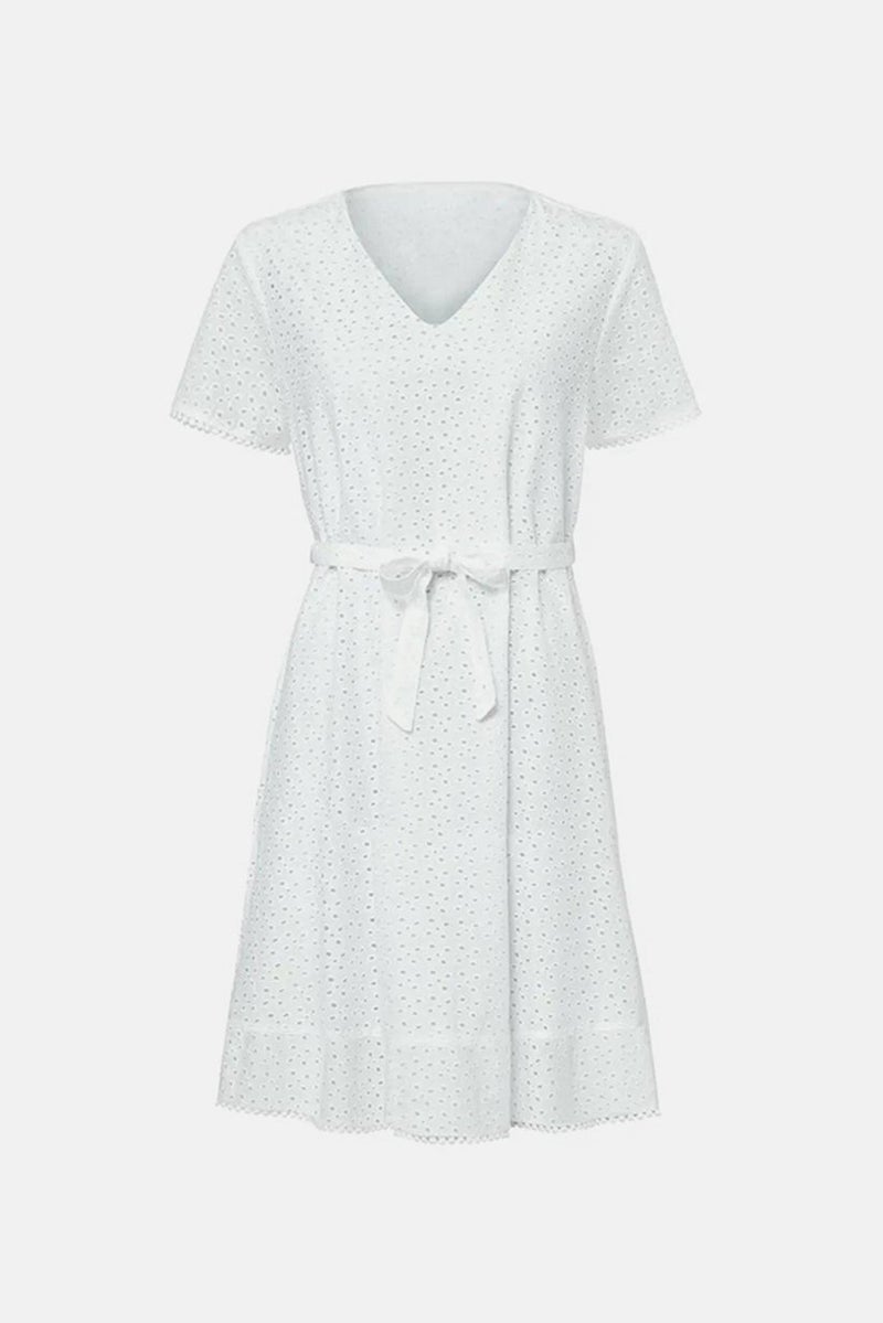 Women Eyelet Belted Midi Dress, White