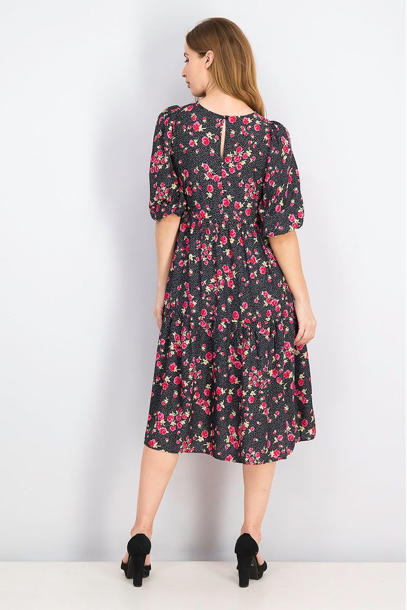 Women Floral Puffed Sleeve Midi Dress, Black