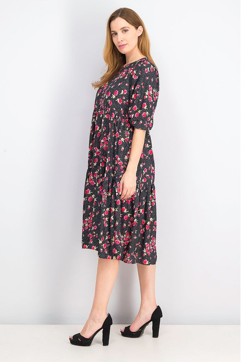 Women Floral Puffed Sleeve Midi Dress, Black