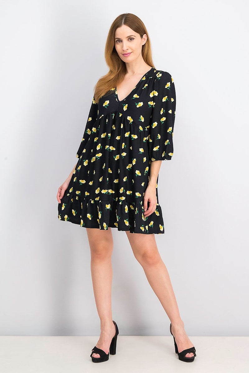 Women Floral V-neck A,Line Dress, Black