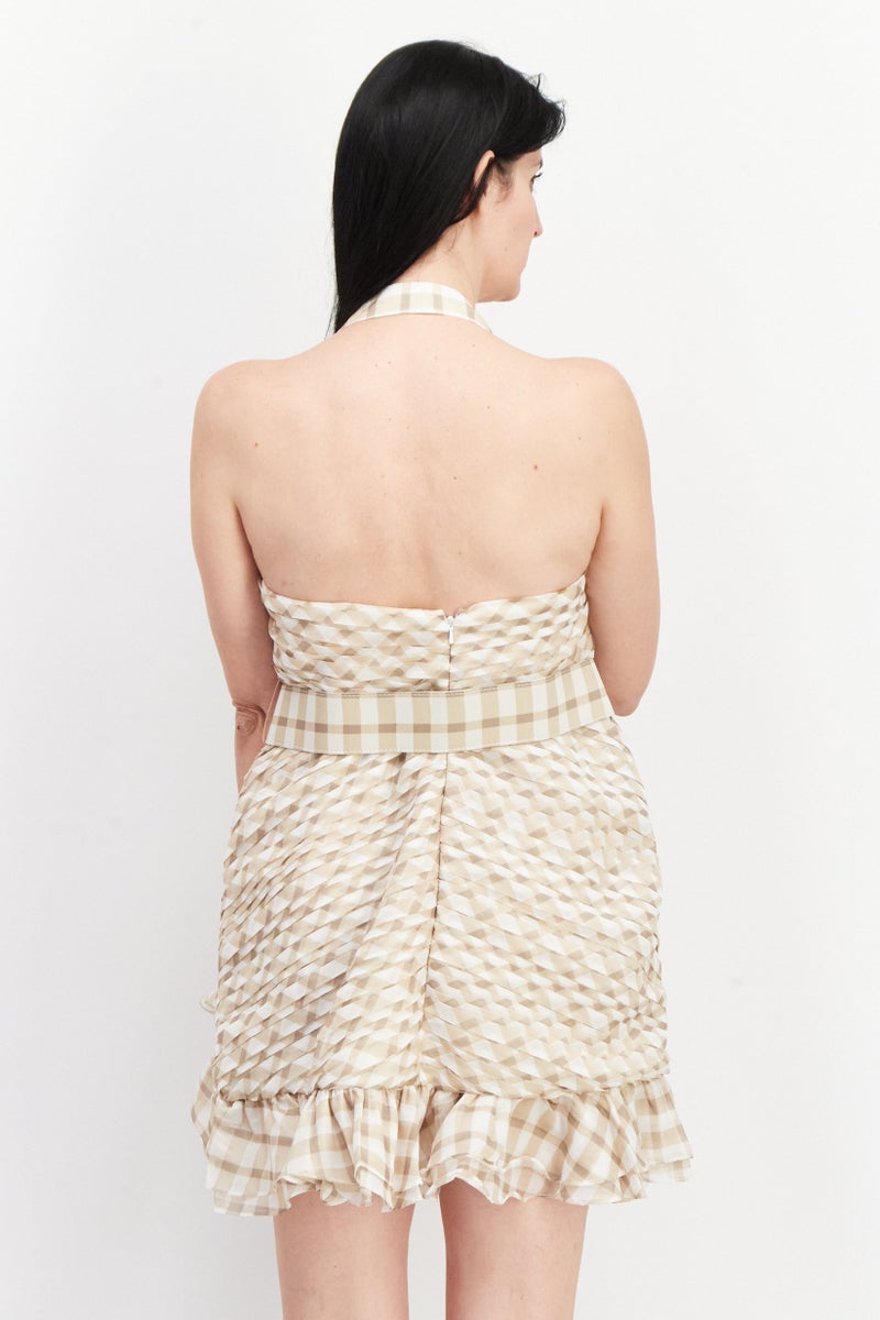 Women Plaid With Belt Mini Party Dress, Beige