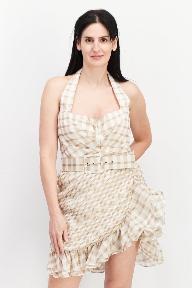 Women Plaid With Belt Mini Party Dress, Beige