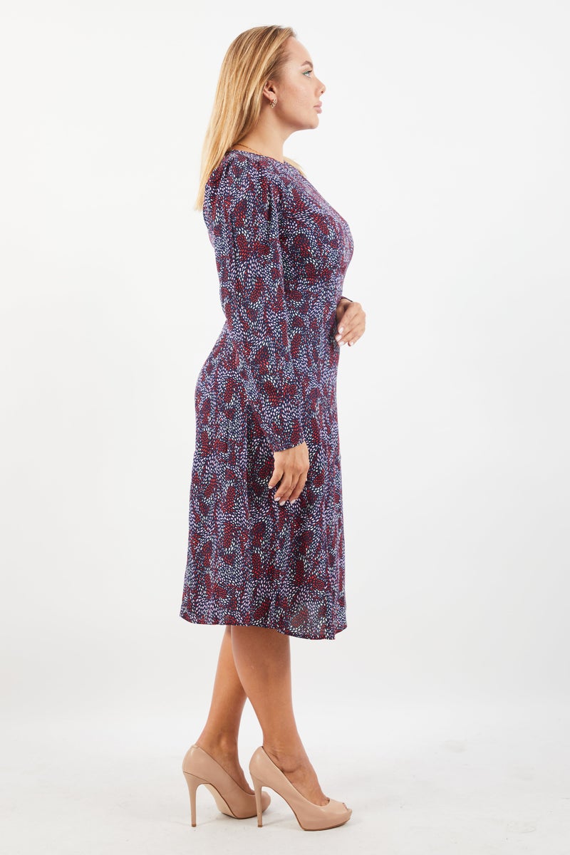 Women Allover Print Midi Dress, Navy Blue Combo