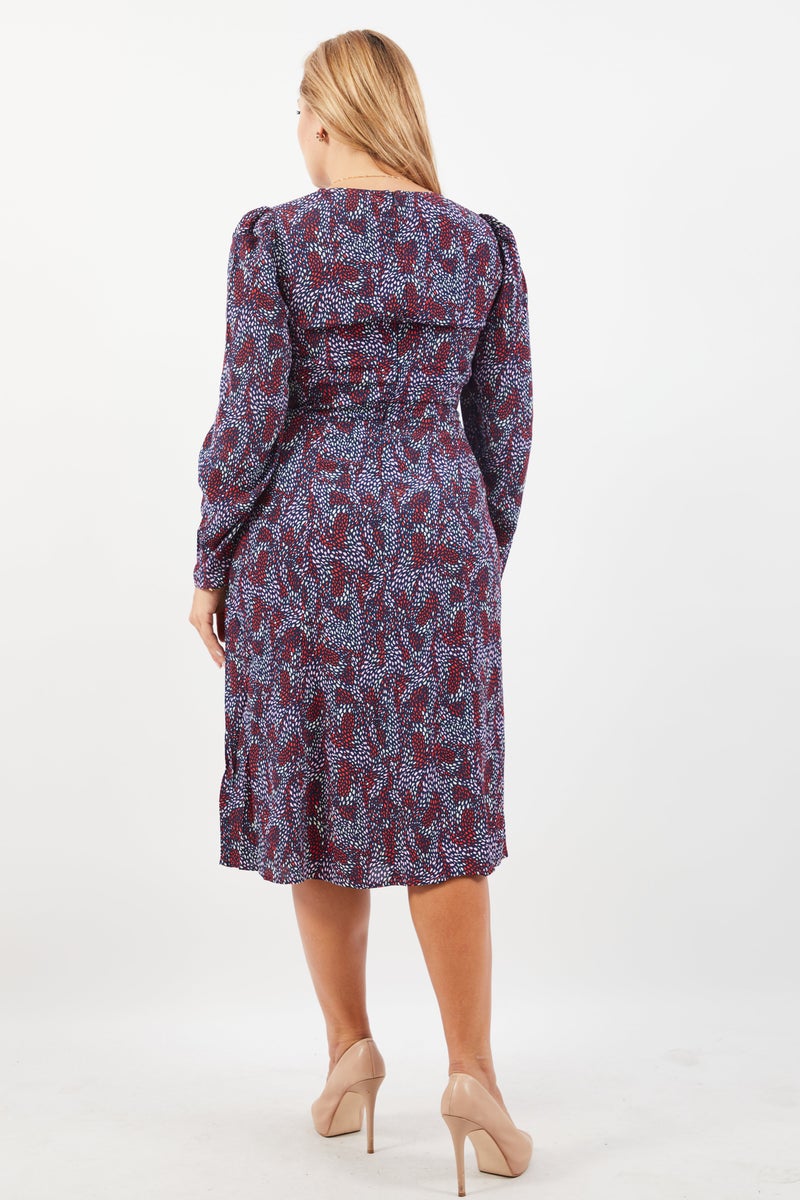 Women Allover Print Midi Dress, Navy Blue Combo