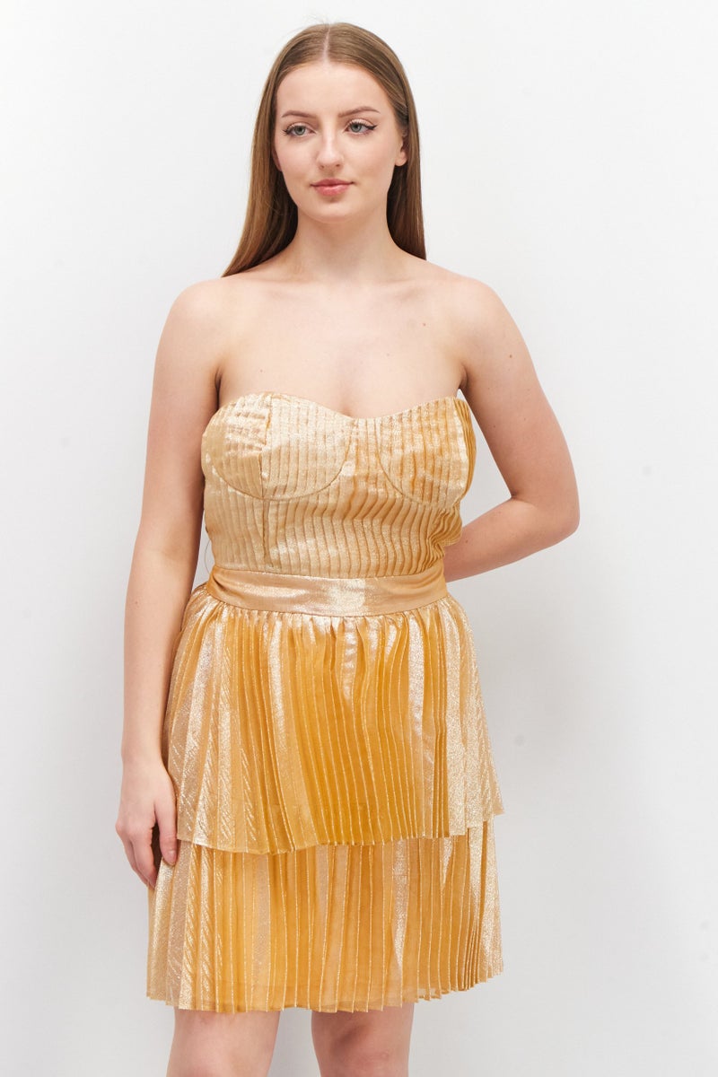 Women Metallic Mini Party Dress, Peach