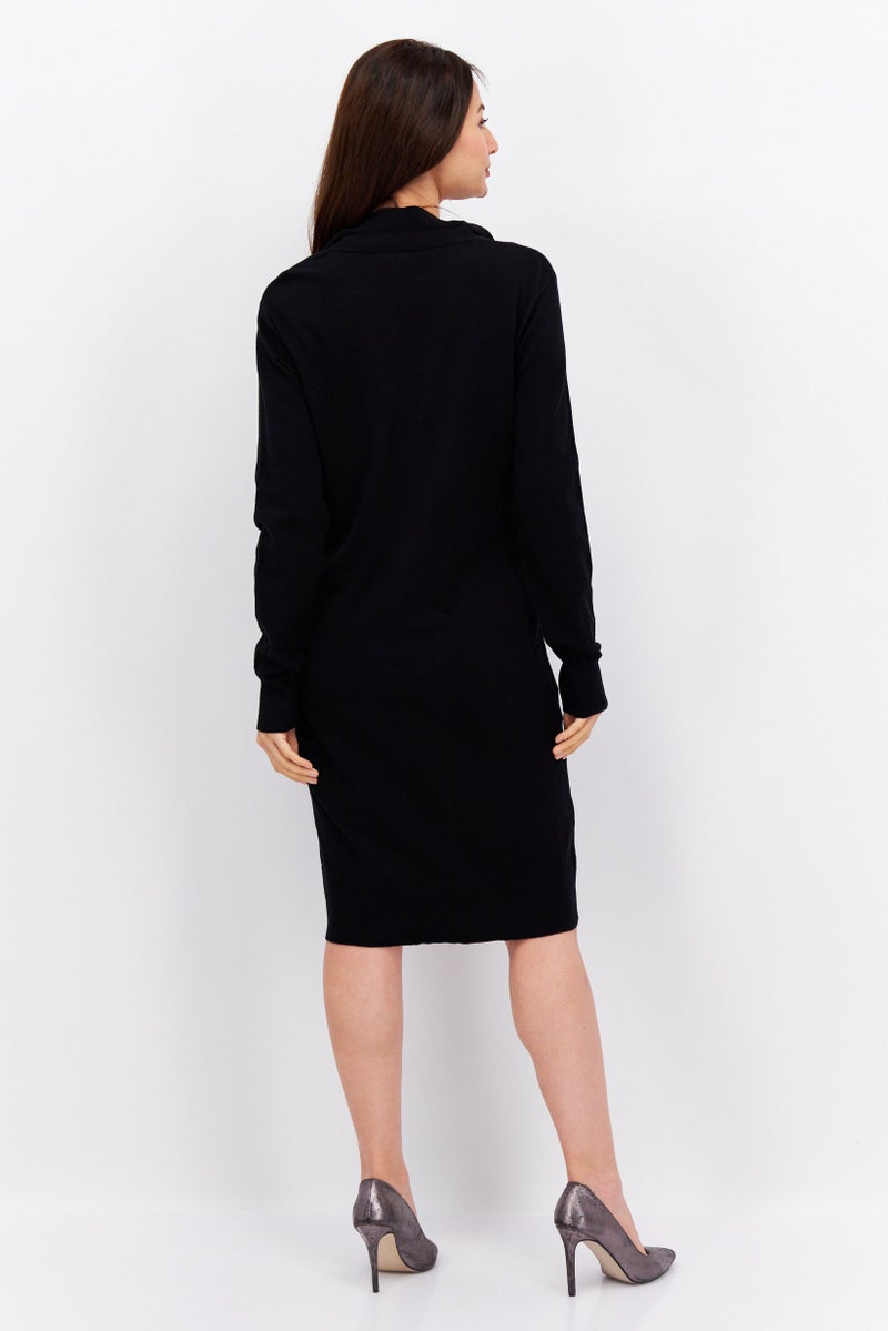 Women Split Neck Long Sleeves Sweater Dress, Black