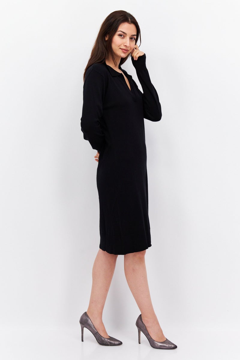 Women Split Neck Long Sleeves Sweater Dress, Black