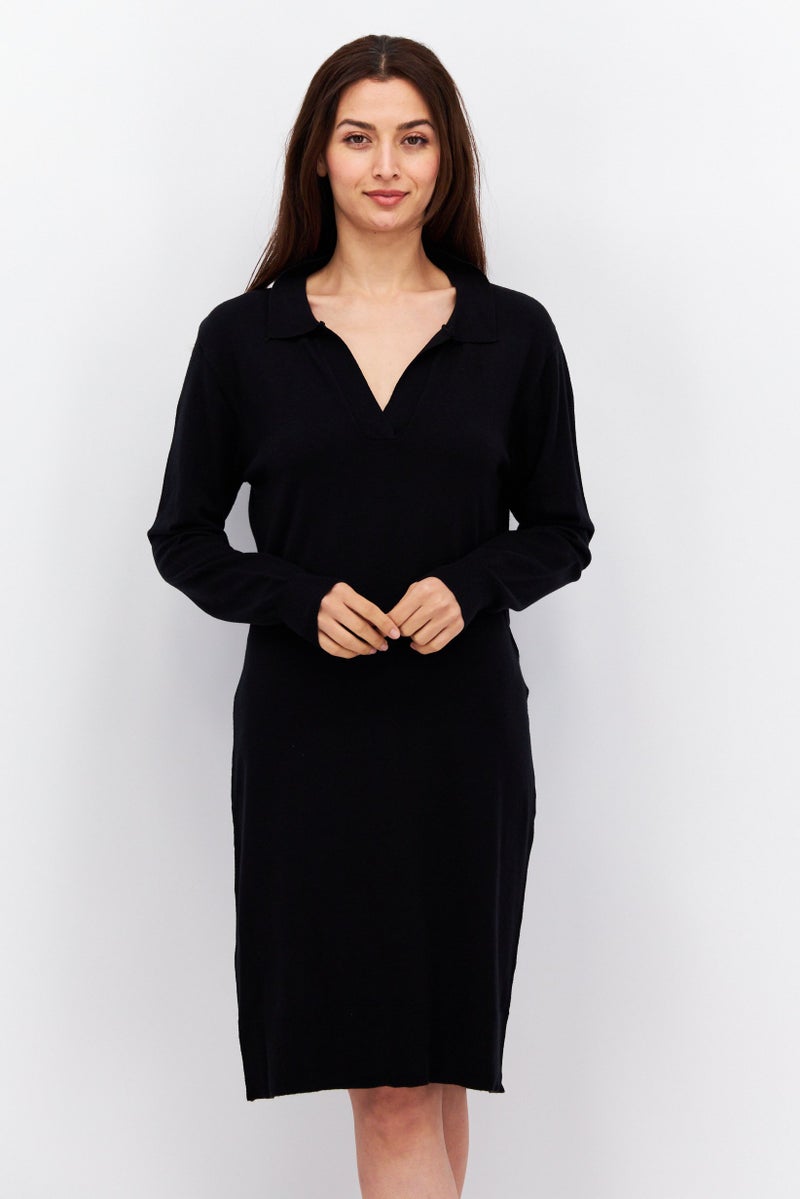 Women Split Neck Long Sleeves Sweater Dress, Black