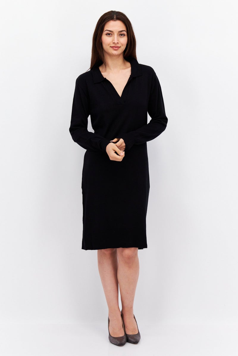 Women Split Neck Long Sleeves Sweater Dress, Black