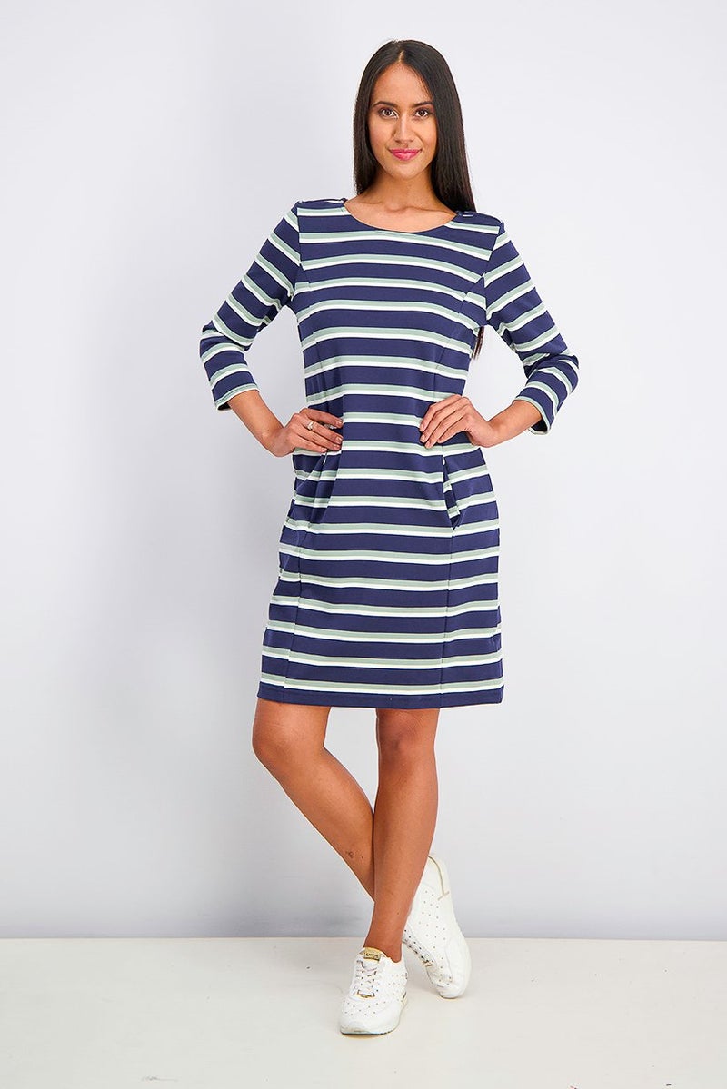 Women Stripe Midi Dress, Navy Combo