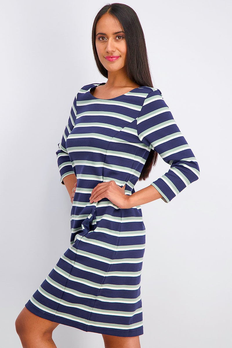 Women Stripe Midi Dress, Navy Combo